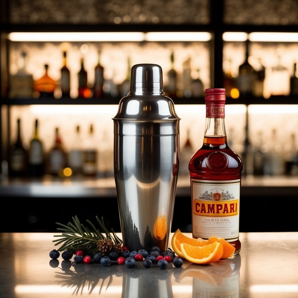 Cocktail shaker, Campari bottle, orange slices, and berries on a bar