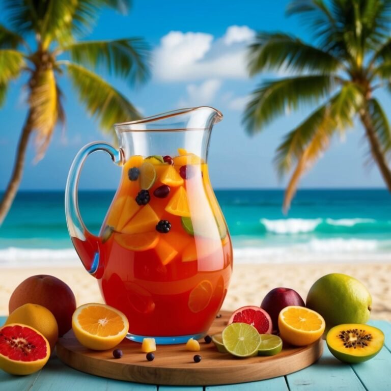 Pitcher of sangria with fruit on a wooden board, beach background