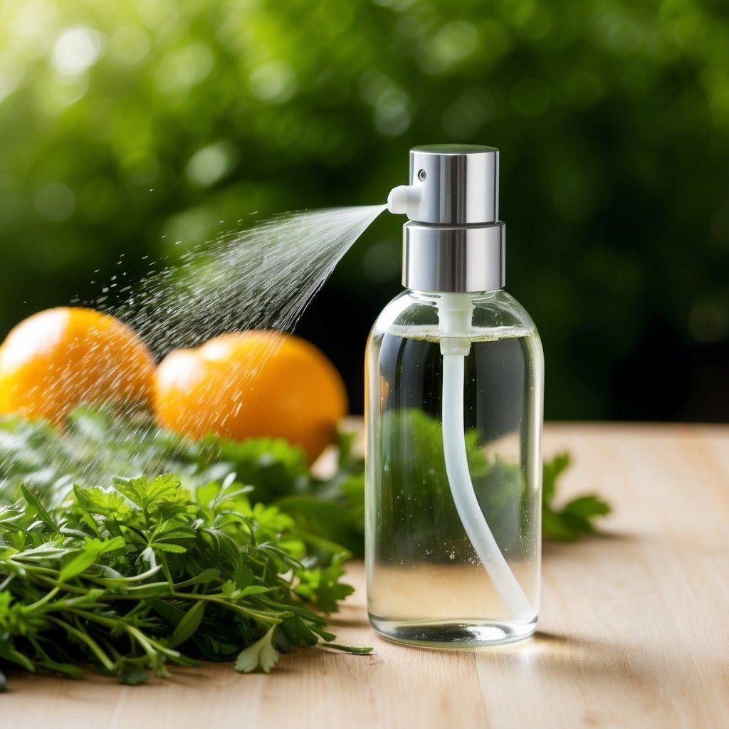Spray bottle spraying liquid, with lemons and herbs on a wooden surface