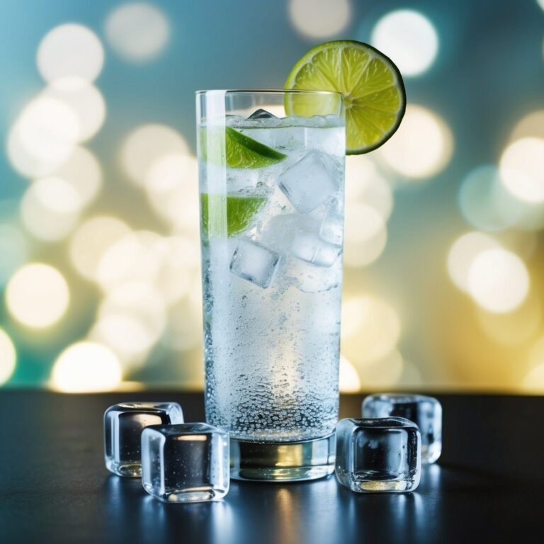 Tall glass of sparkling water with lime and ice cubes