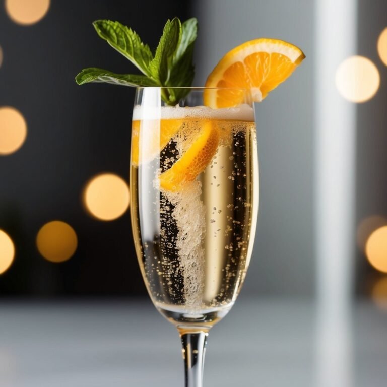 Champagne flute with orange slices, mint, and bubbles, bokeh background