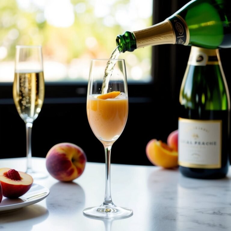 Champagne being poured into a peach Bellini cocktail, with peaches