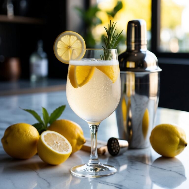 Lemon cocktail with rosemary garnish, lemons, and a cocktail shaker