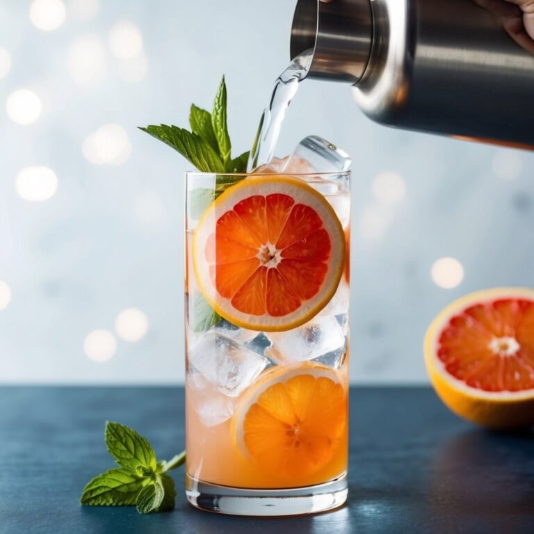 Cocktail with grapefruit slices, mint, and ice being poured from a shaker