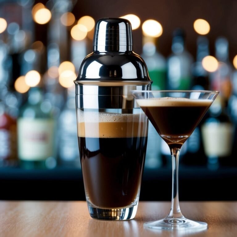 Cocktail shaker and martini glass with layered espresso drink on bar