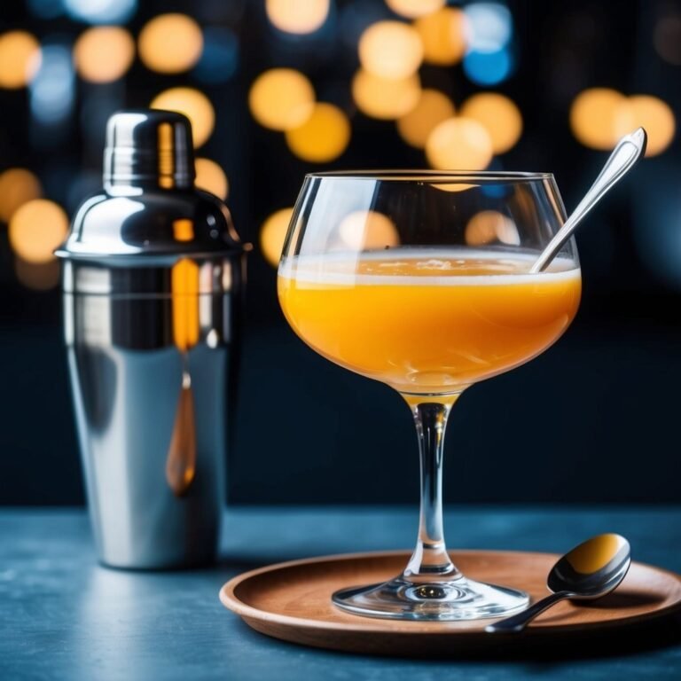 Cocktail in a glass with a spoon, shaker, and wooden tray