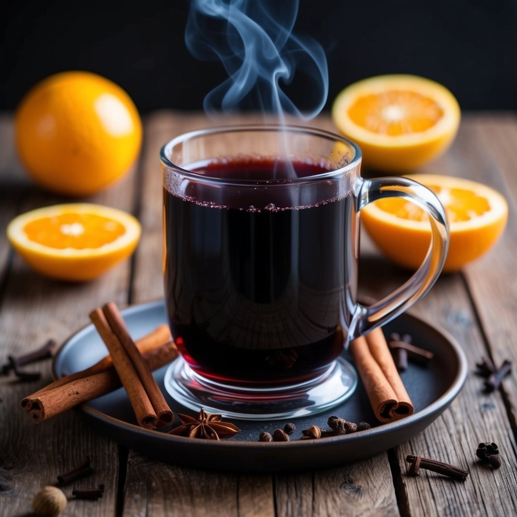 Steaming mug of mulled wine with oranges and spices on a wooden table