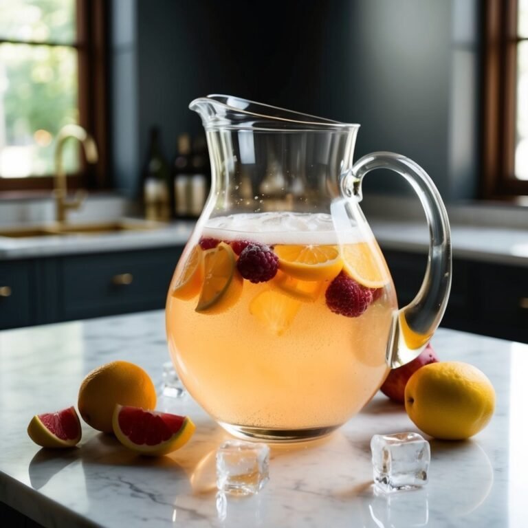 Pitcher of fruit-infused beverage with oranges, raspberries, and ice cubes
