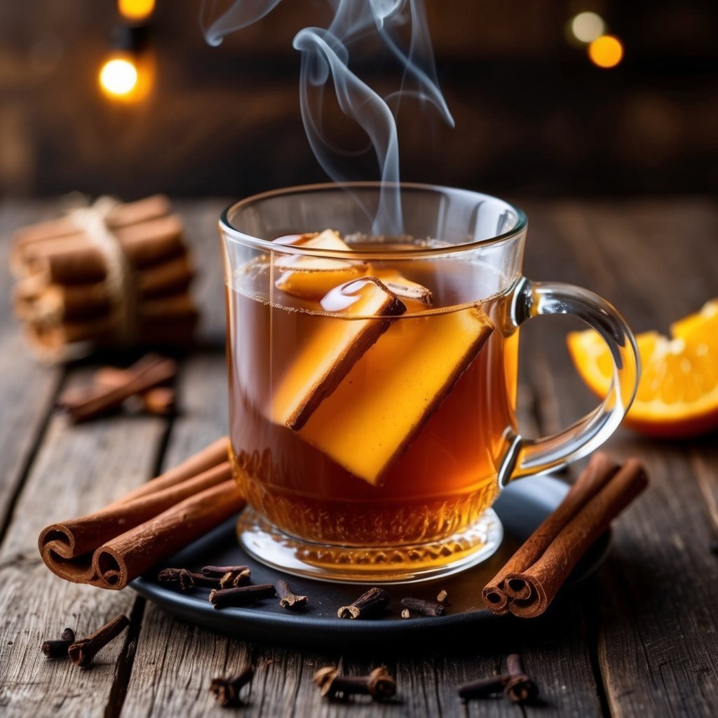 Steaming mug of spiced tea with cinnamon sticks and orange slice
