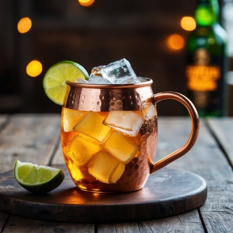 Moscow Mule cocktail in copper mug with lime and ice