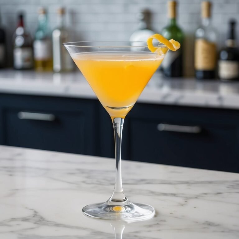 A yellow cocktail in a martini glass with a lemon twist garnish