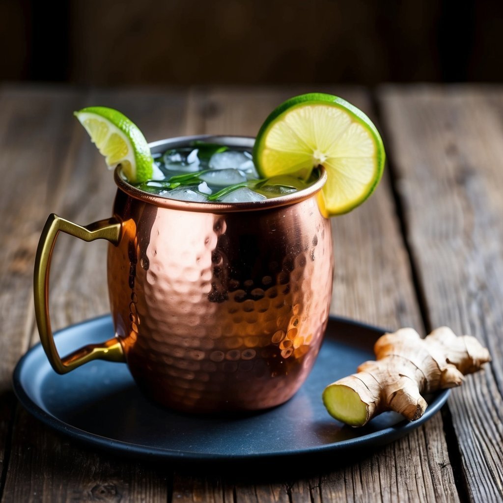 Copper mug with a cocktail, lime garnish, and ginger root on a tray