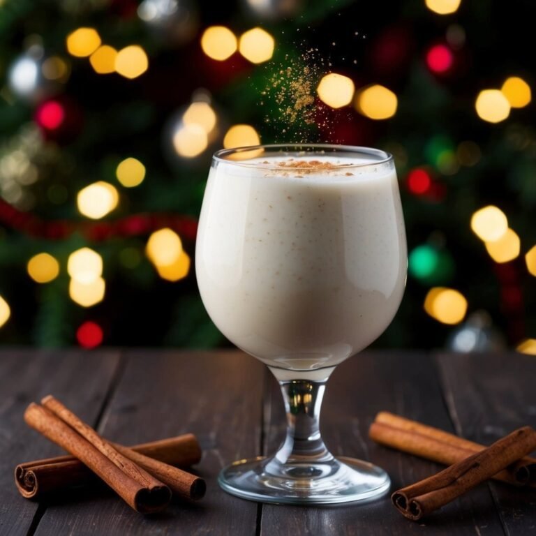Eggnog in a glass with cinnamon and cinnamon sticks, Christmas tree background