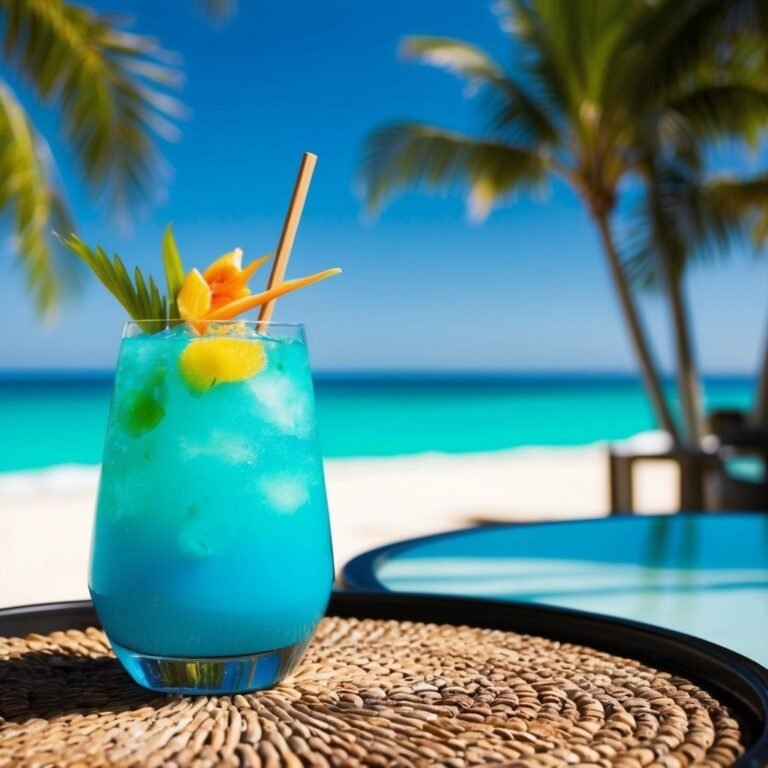 Blue cocktail with straw and tropical garnish on a beach table
