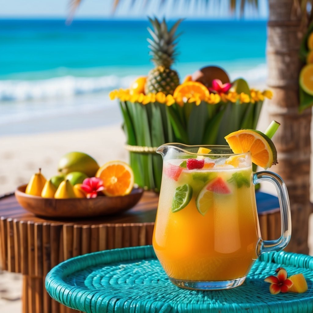 Pitcher of tropical fruit juice with fruit and beach background
