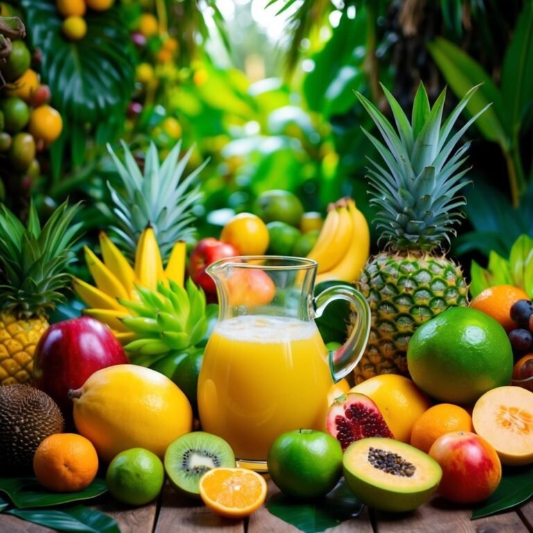 A variety of tropical fruits with a pitcher of juice on a wooden surface