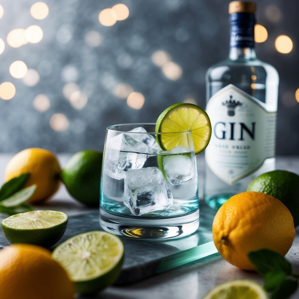 Gin and tonic with lime and ice, surrounded by citrus fruit