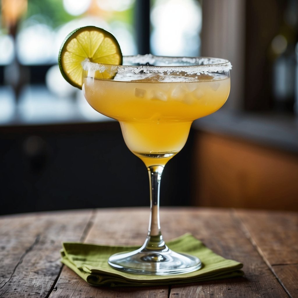 Margarita cocktail with lime slice and salt rim on a wooden table