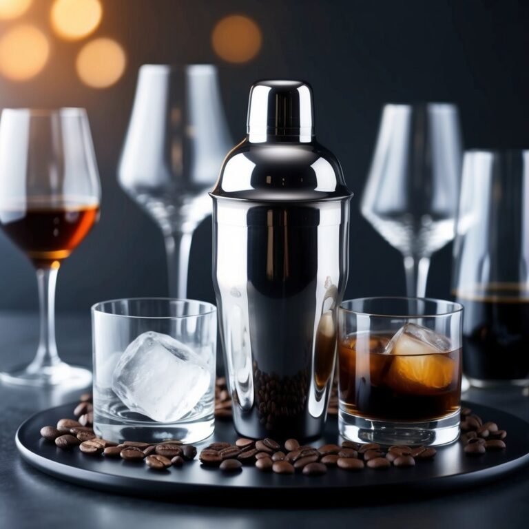 Cocktail shaker, glasses, coffee beans, and drinks on a black tray