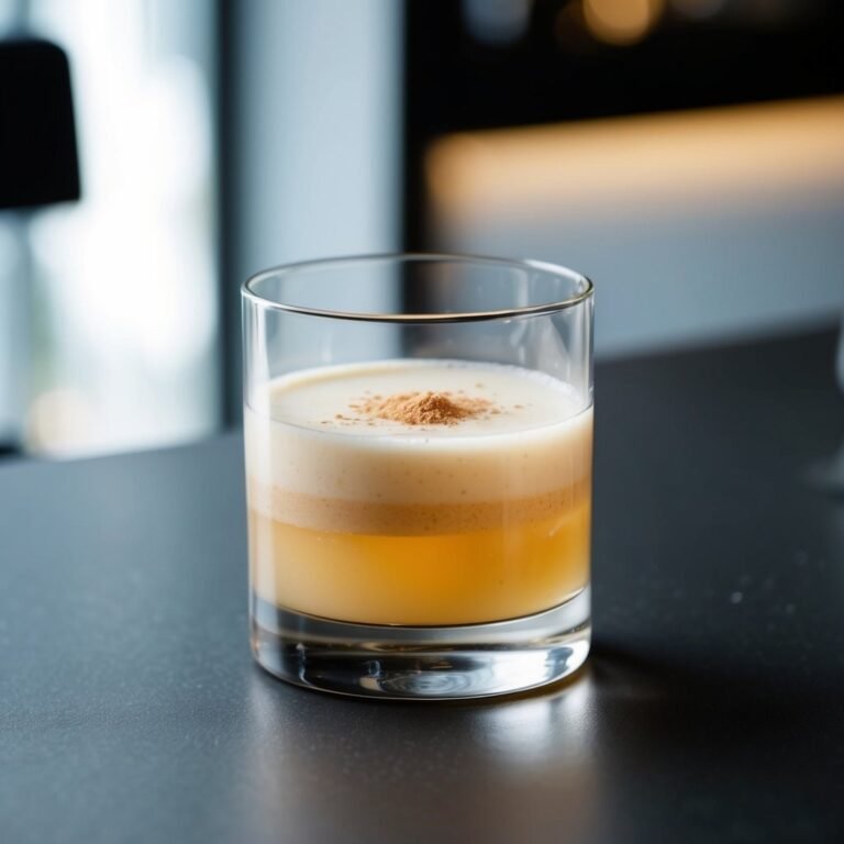 Cocktail in a rocks glass with layered colors and cinnamon dusting on top