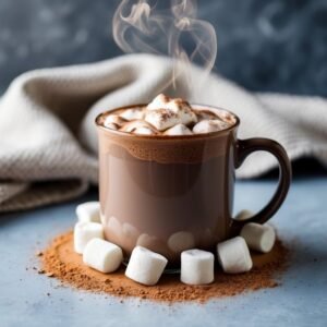 Steaming mug of hot chocolate with marshmallows and cocoa powder