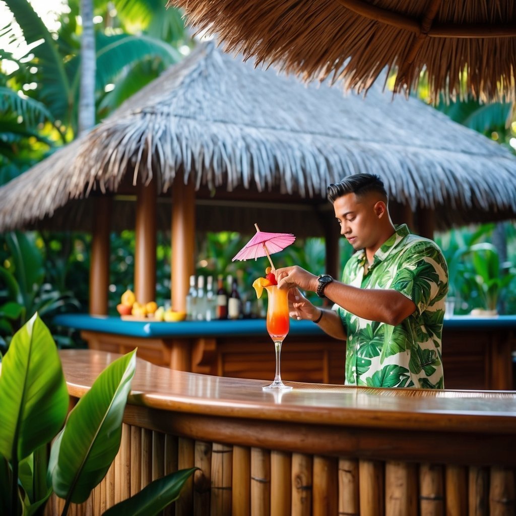 Bartender preparing a tropical cocktail with umbrella and fruit garnish at a tiki bar