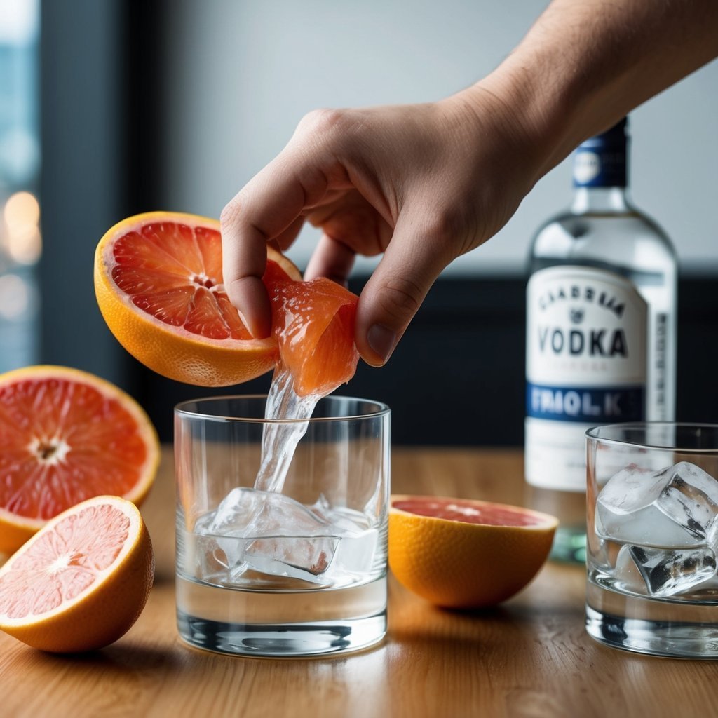 Hand squeezing grapefruit juice into a glass with ice, vodka bottle in background