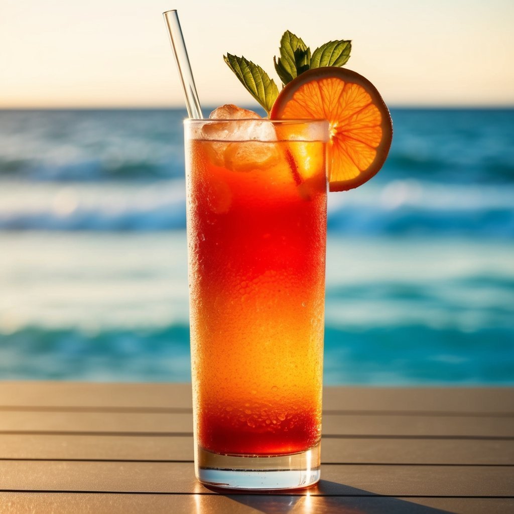 Tall cocktail with orange slice and mint, ocean background