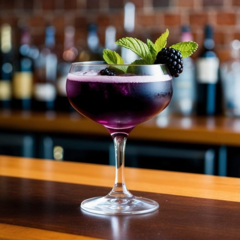 Purple cocktail with blackberries and mint garnish on a bar