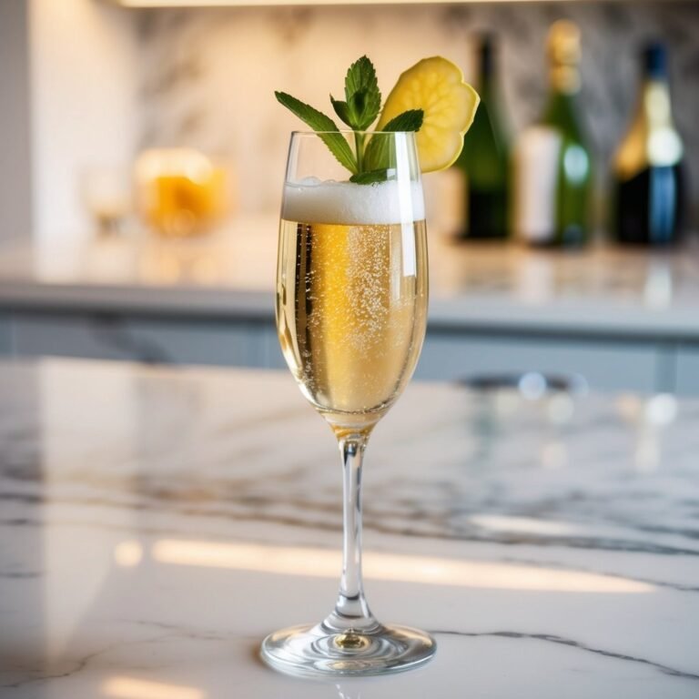 Champagne flute with bubbles, lemon slice, and mint garnish on a marble counter