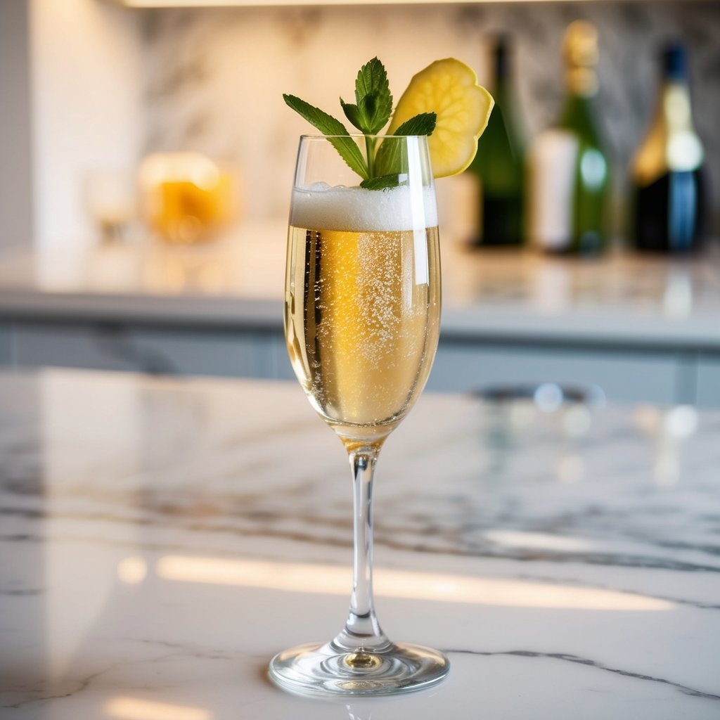 Champagne flute with bubbles, lemon slice, and mint garnish on a marble counter