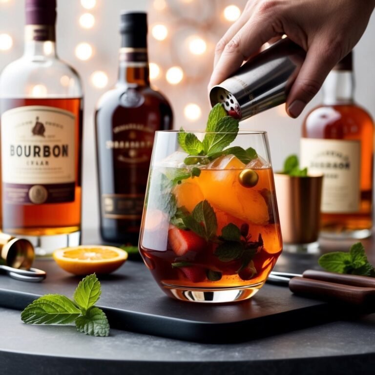 Cocktail being poured with mint, strawberries, and orange slices, with bourbon bottles