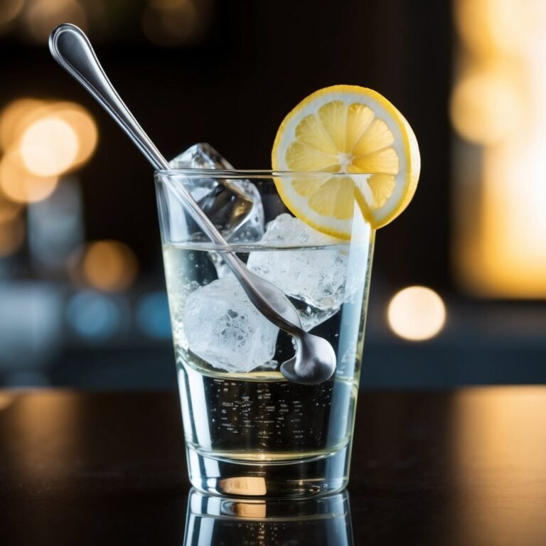 Cocktail with ice, lemon slice, and a stirring spoon in a glass