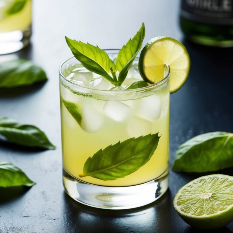 Refreshing cocktail with lime, basil, and ice in a glass on a dark surface