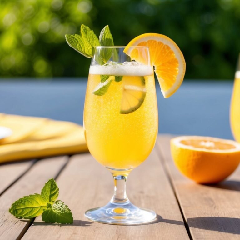 Refreshing orange cocktail with mint, orange slice, and lemon on a wooden table