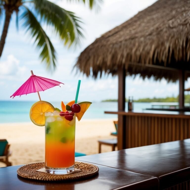 Tropical cocktail with umbrella and fruit on a beach bar