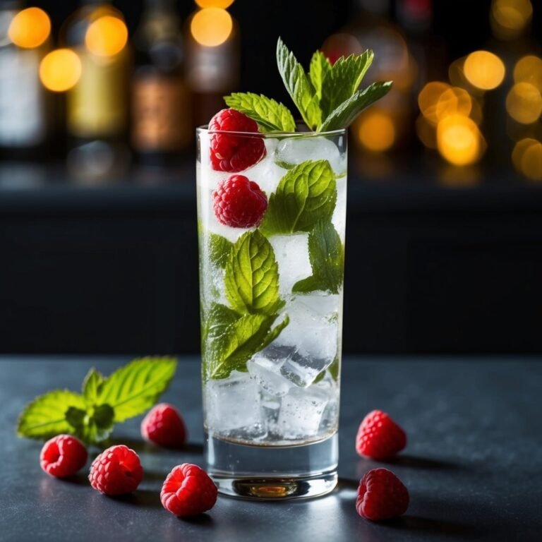 Raspberry and mint cocktail with ice in a tall glass, garnished with mint