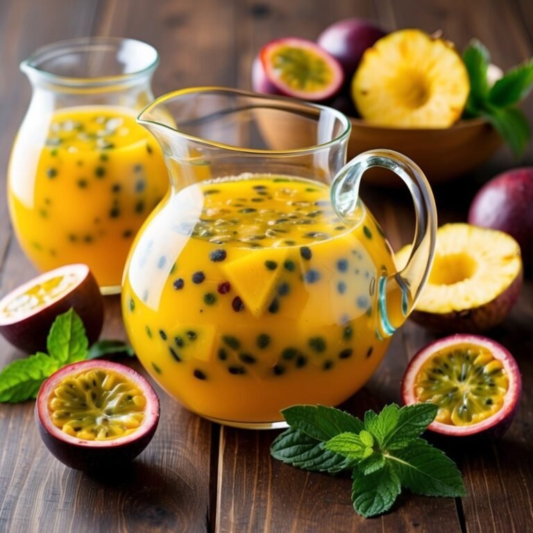 Passion fruit juice in pitchers with fruit and mint on a wooden table