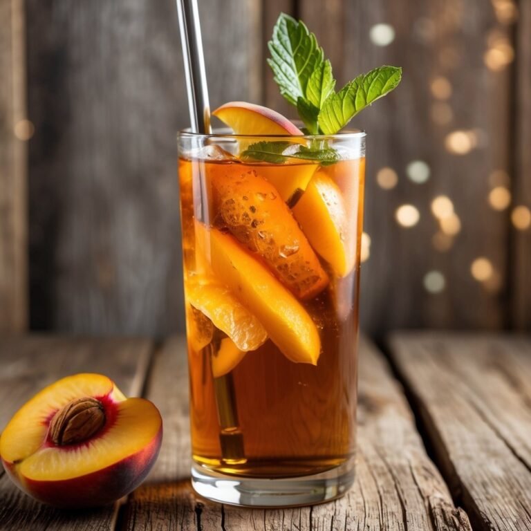 Peach iced tea with mint garnish and a peach half on wood