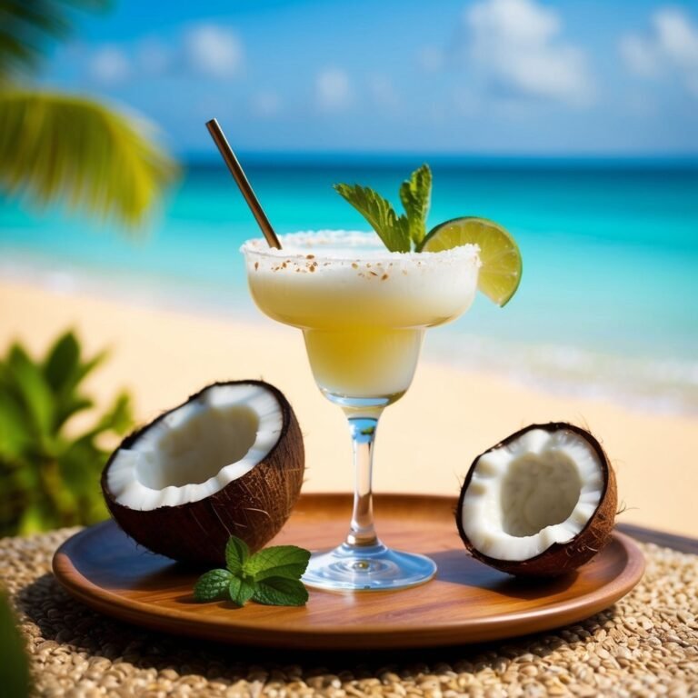 Margarita cocktail with coconut halves on a wooden tray, beach background