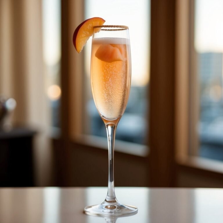 Champagne flute with peach slice and sugared rim, bubbles visible