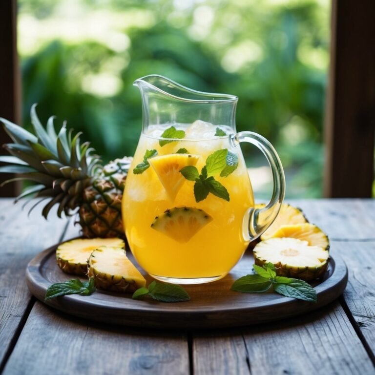 Pineapple juice in a pitcher with ice, pineapple slices, and mint