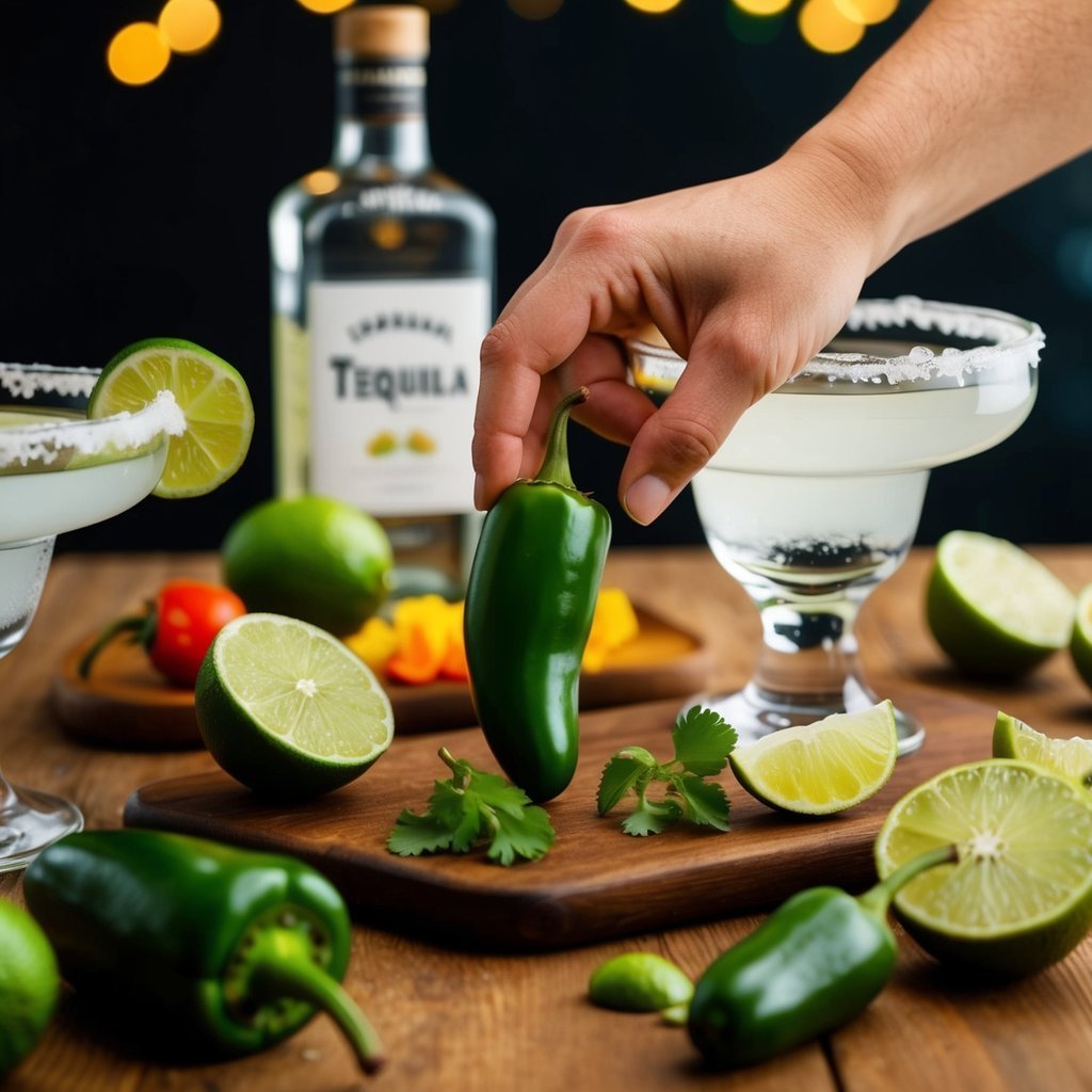 Hand holding a jalapeño pepper near a margarita and tequila bottle