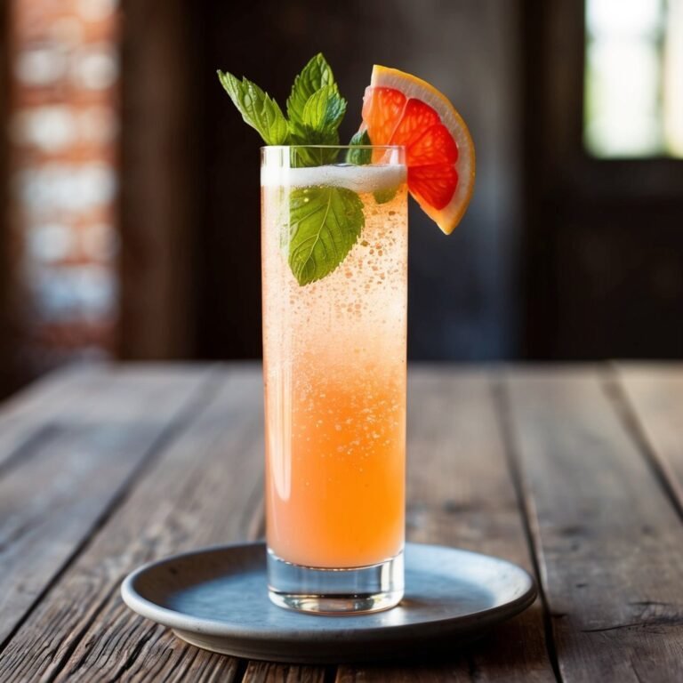 Tall cocktail with grapefruit slice and mint on a wooden table