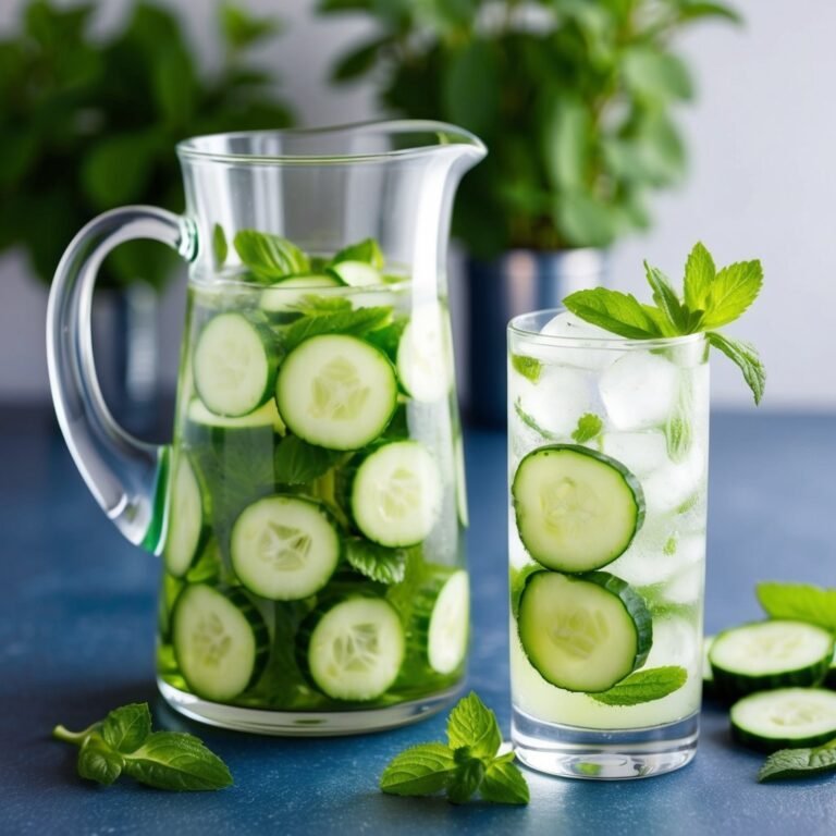 Cucumber and mint infused water in a pitcher and glass