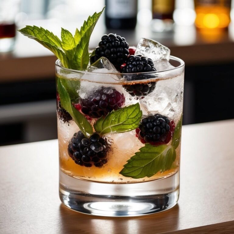 Cocktail with blackberries, mint, and ice in a clear glass on a wooden surface