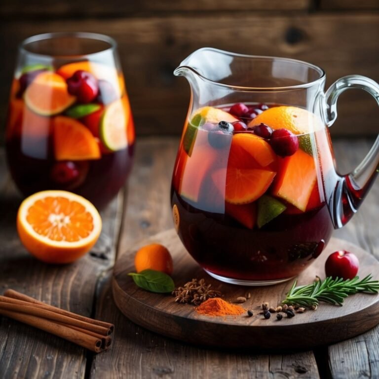 Sangria in a pitcher and glass with fruit and spices on a wooden table