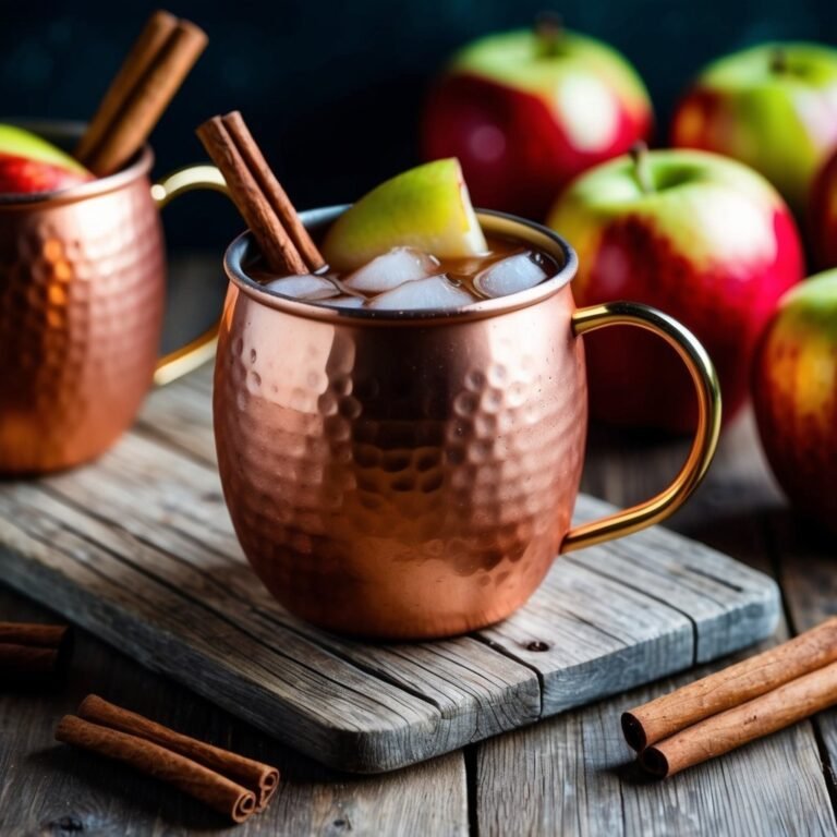 Copper mugs with apple cider, ice, cinnamon sticks, and apples