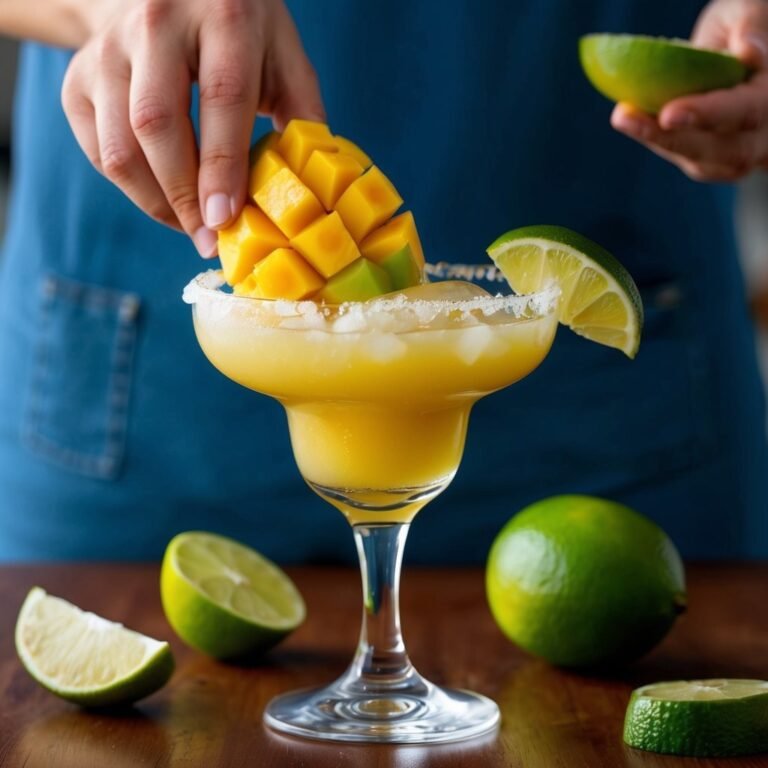 Mango margarita garnished with mango chunks and lime slices