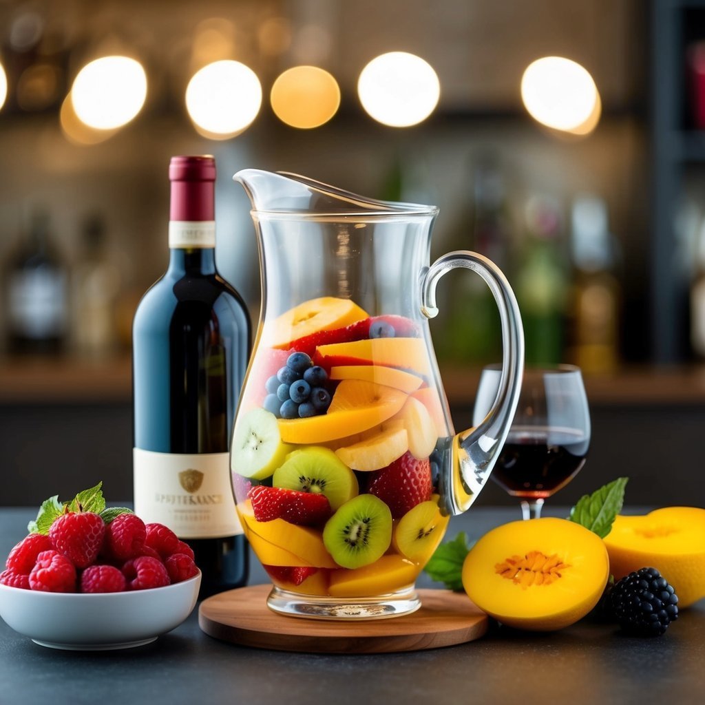 Sangria pitcher with fruit, wine bottle, raspberries, and a glass of wine